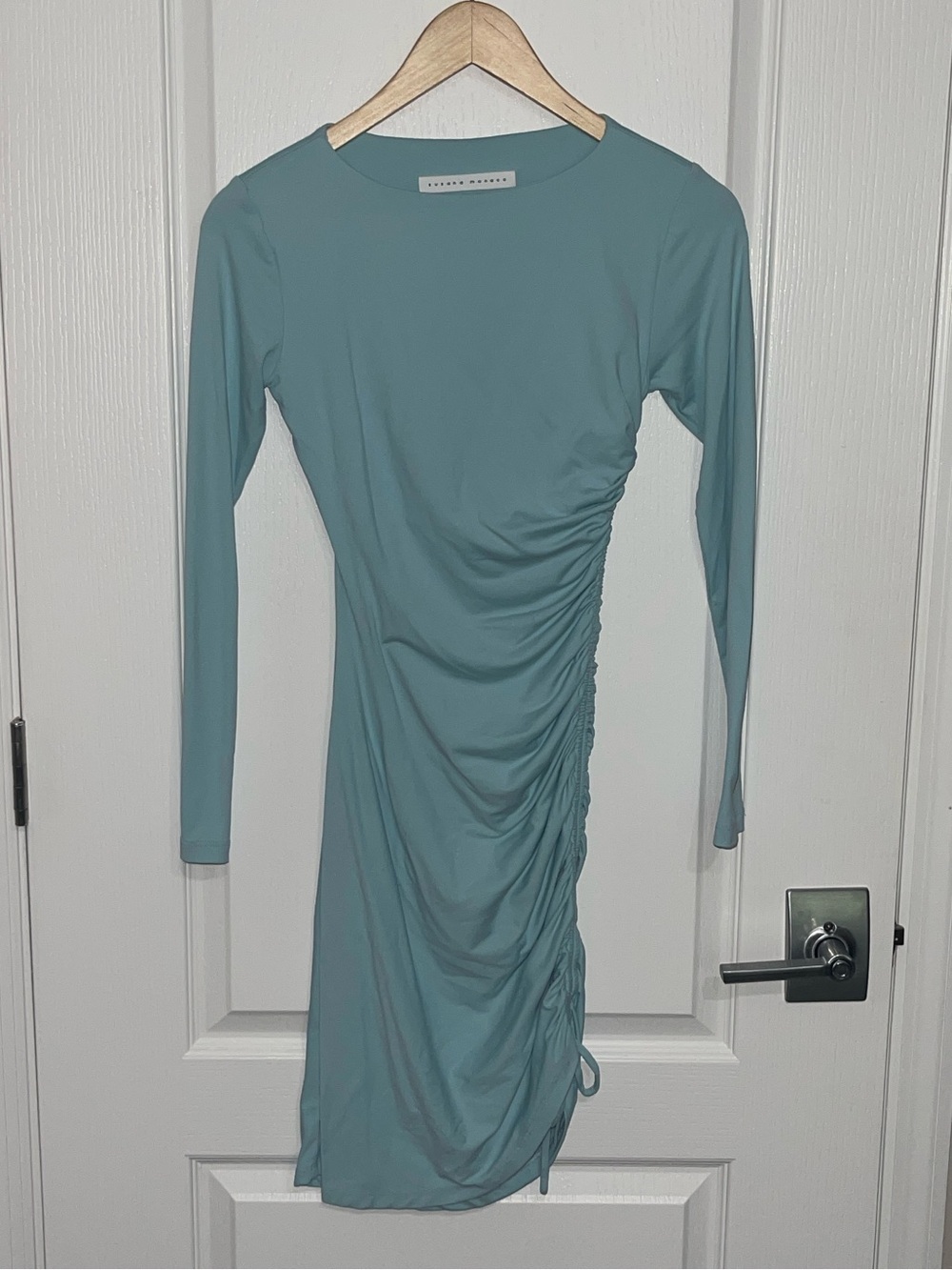 SUSANA MONACO Side Gathered Dress In Baby Blue Long-Sleeve Mint Ruched Side XS - Picture 2 of 9